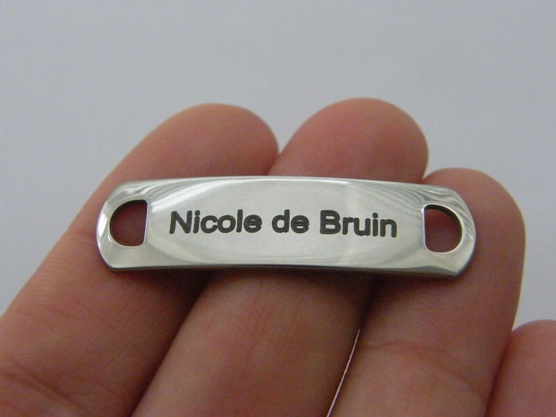 1 Custom made laser engraved connector charm - you choose the word  stainless steel TAG24