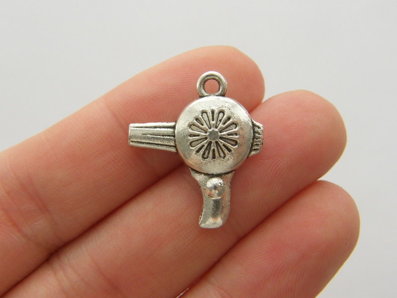 6 Hairdryer blow dryer charms antique silver tone P396