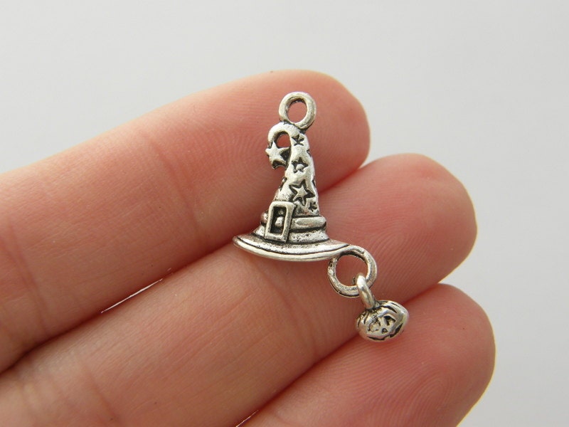 8 Halloween witch hat and pumpkin charms antique silver tone HC15