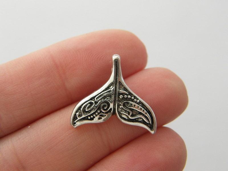 4 Whale tail charms antique silver tone FF319