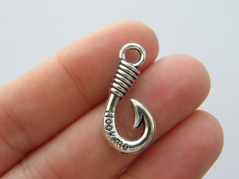 10 Hook me fishing hook charms antique silver tone M22