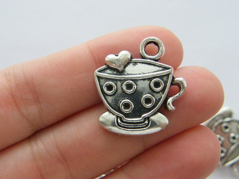BULK 30 Cup and saucer teacup charms antique silver tone FD350