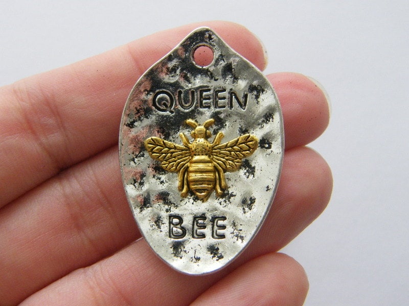 2 Queen bee charms antique silver tone and gold M480