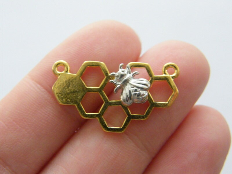 4 Bee and honeycomb connector charms silver and gold tone A376