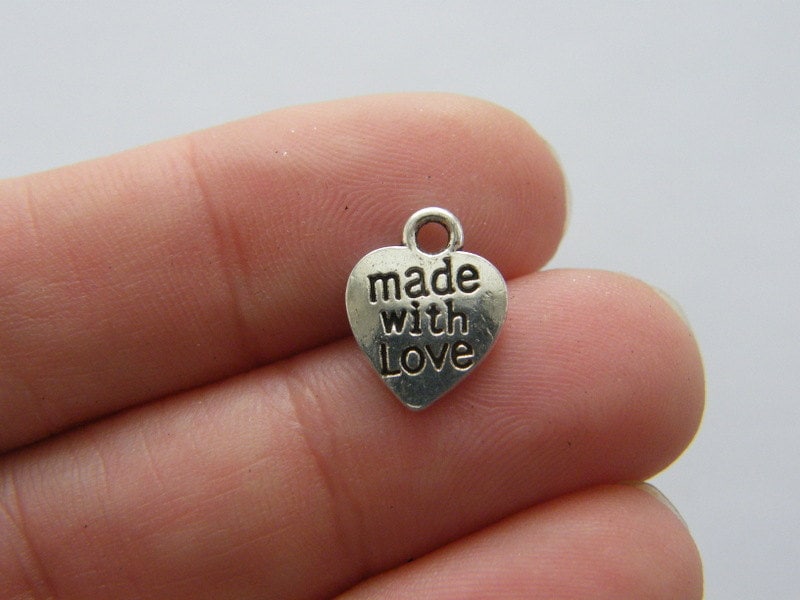 BULK 50 Made with love heart charms antique silver tone M280