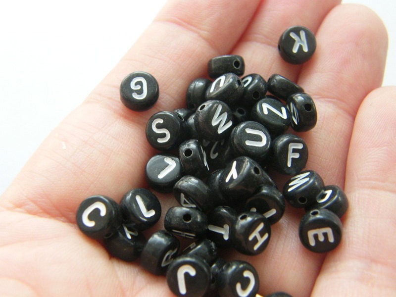 100 Acrylic round black white  alphabet letter RANDOM beads AB126 - SALE 50% OFF