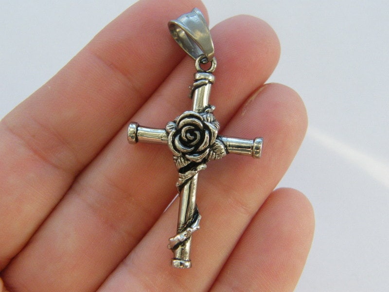 1 Rose cross pendant antique silver tone stainless steel C102