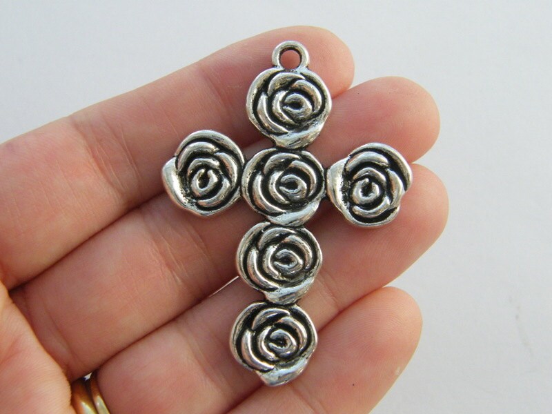 2 Cross rose flower pendants antique silver tone C46