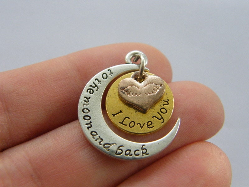 BULK 20 I love you to the moon and back charms antique silver, gold and copper tone M267
