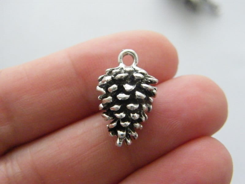 2 Pine cone charms antique silver tone L197