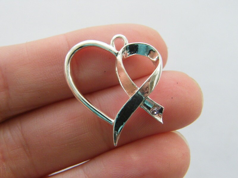 4 Heart awareness pink rhinestone ribbon charms silver plated M390
