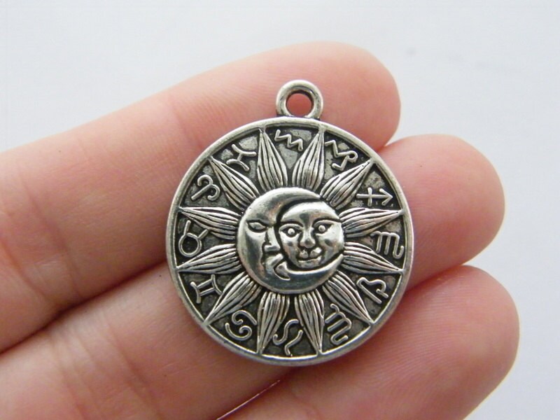 4 Sun moon zodiac sign charms antique silver tone S112