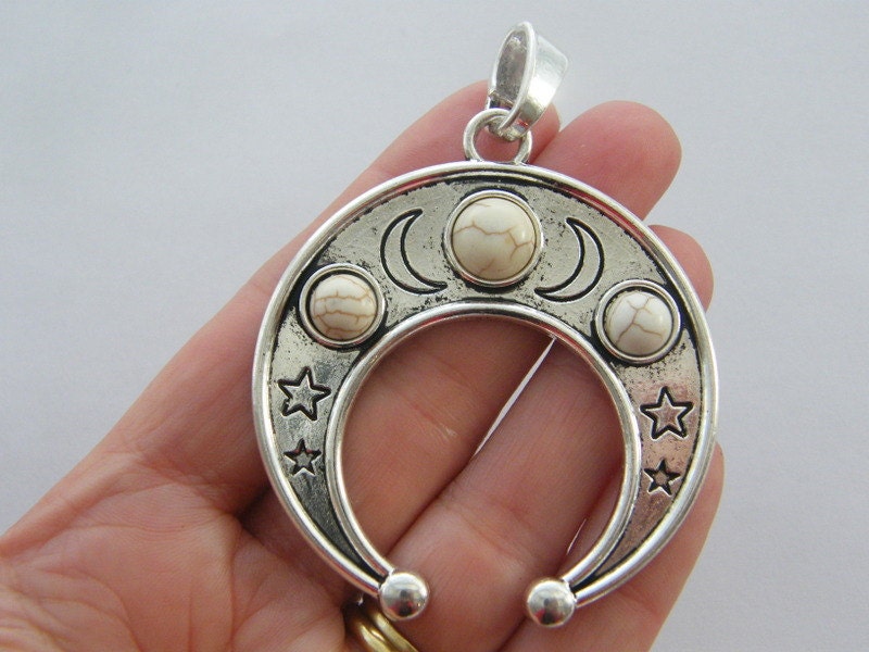 1 Moon crescent double horn white pendant antique silver tone BFM15