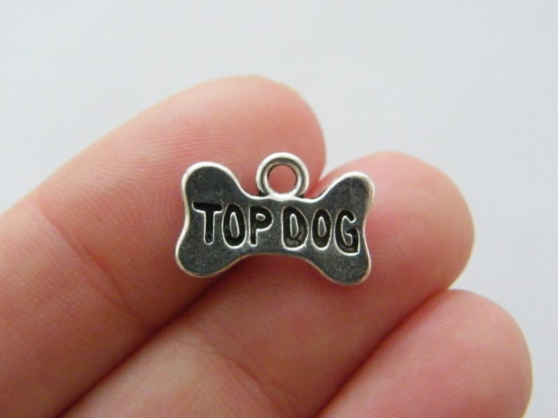 10 Top dog bone charms antique silver tone A882