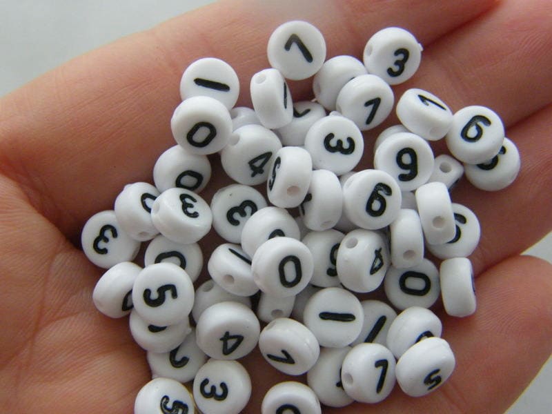 100 Acrylic round white number RANDOM beads AB10  - SALE 50% OFF