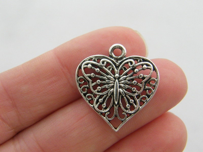 6 Butterfly heart  charms antique silver tone A114