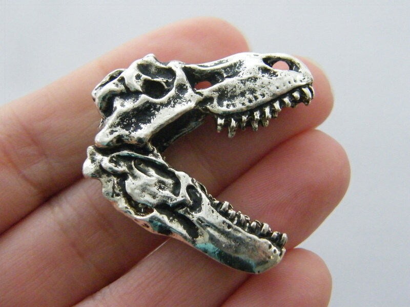 BULK 5 Dinosaur skull charms antique silver tone A490