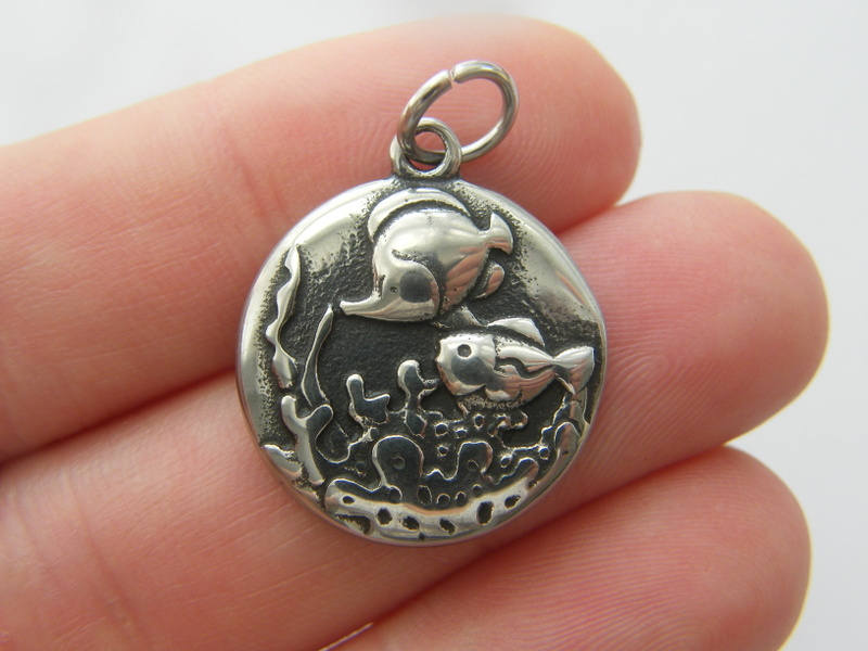2 Fish sea bed charms dark silver tone stainless steel FF345
