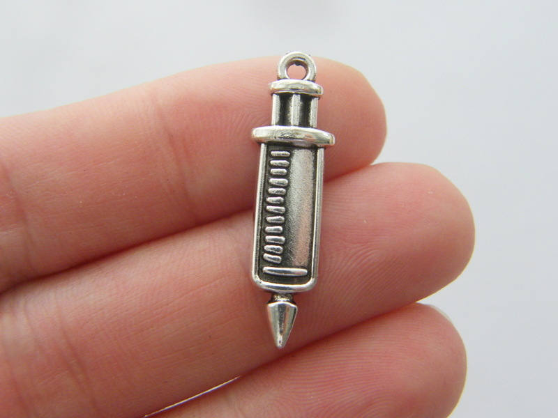 12 Syringe injection charms antique silver tone MD100