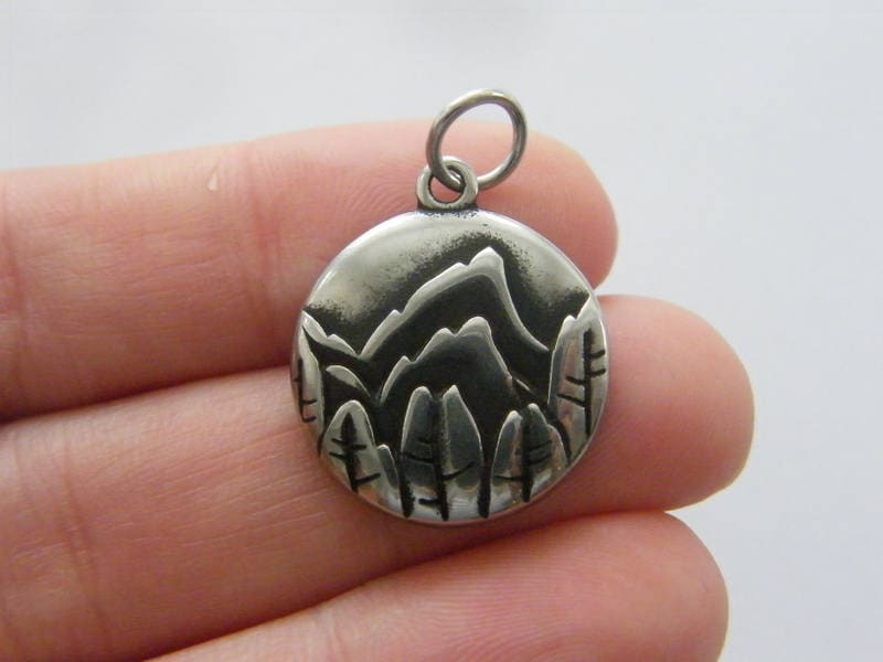 2 Mountain trees scenery charms silver tone stainless steel WT164