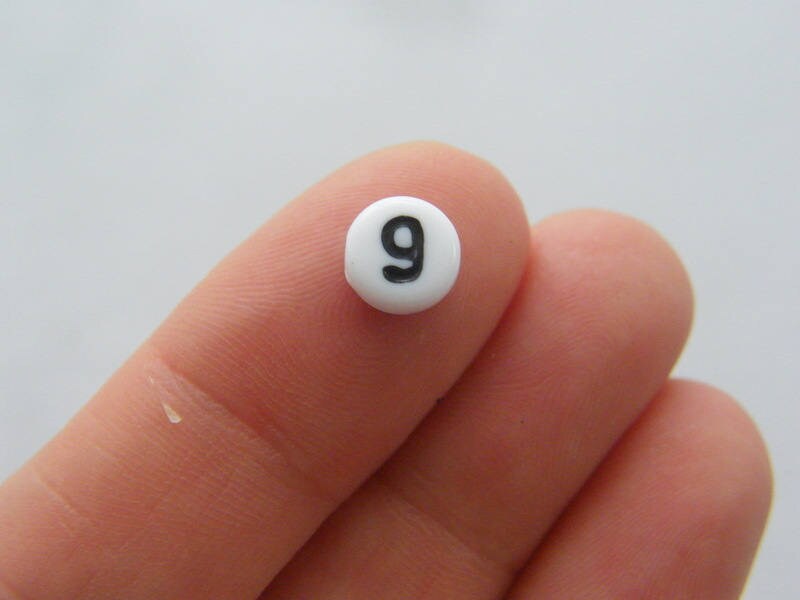 100 Number 9 acrylic round number beads white and black  - SALE 50% OFF