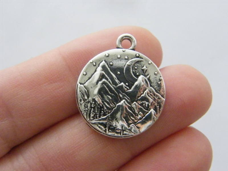 2 Mountain moon scenery charms antique silver tone WT110