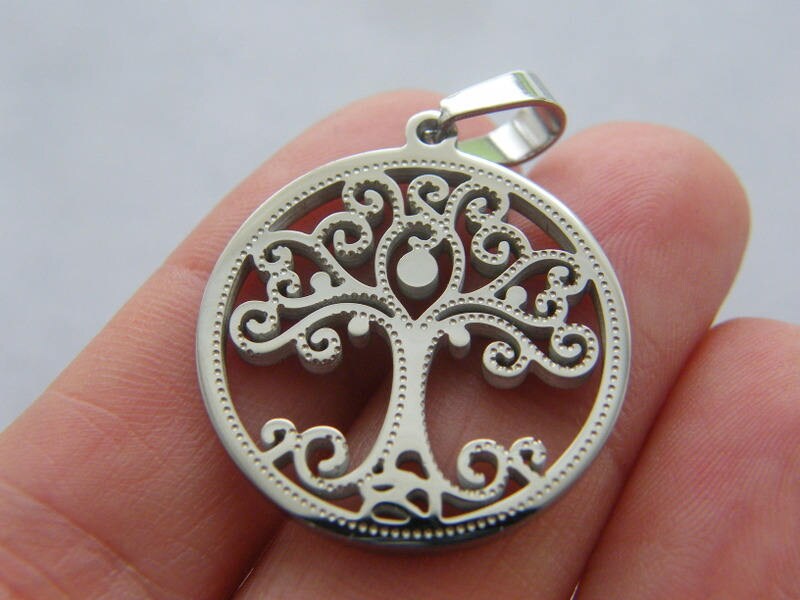 1 Tree pendant silver tone stainless steel T107