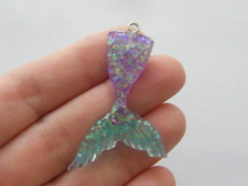2 Mermaid tail purple blue glitter pendants resin FF376