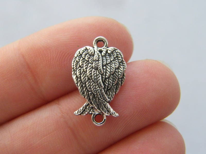 10 Angel wing connector charms antique silver tone AW101
