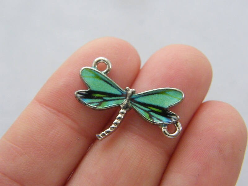 4 Dragonfly connector green blue black charms antique silver tone A510