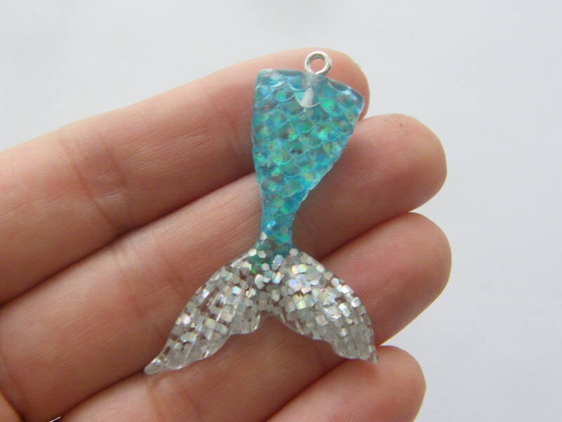 2 Mermaid tail pendants blue silver glitter resin FF393