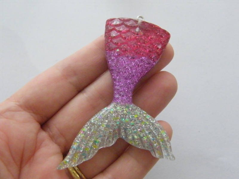 1 Big Mermaid tail pendant pink purple silver resin FF377