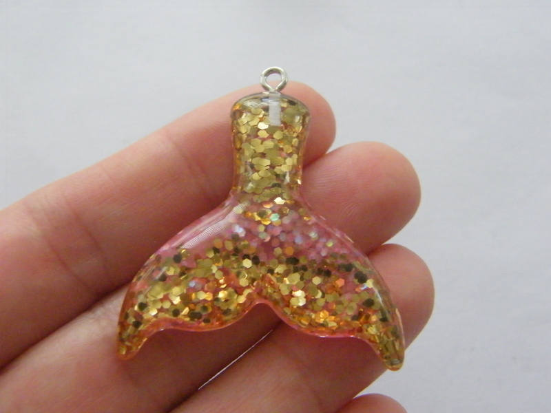 4 Mermaid tail glitter resin pendants pink gold clear resin SC155