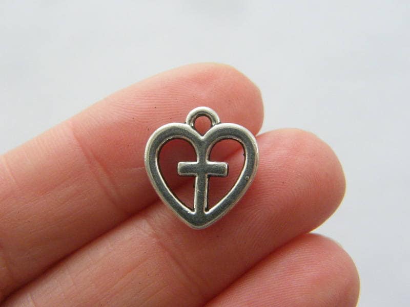 BULK 50 Heart and cross charms antique silver tone C113