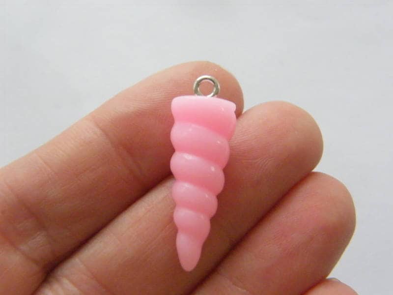 8 Unicorn horn pink resin silver screw bails charms A780
