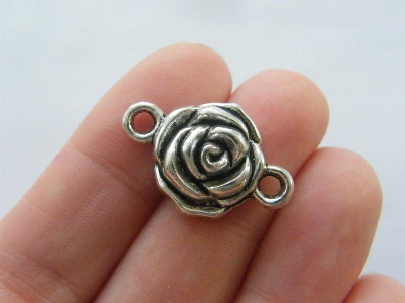 BULK 30 Rose flower connector charms antique silver tone F229
