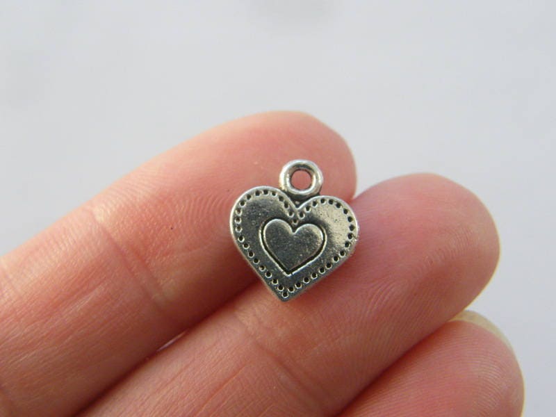 12 Heart charms antique silver tone H189