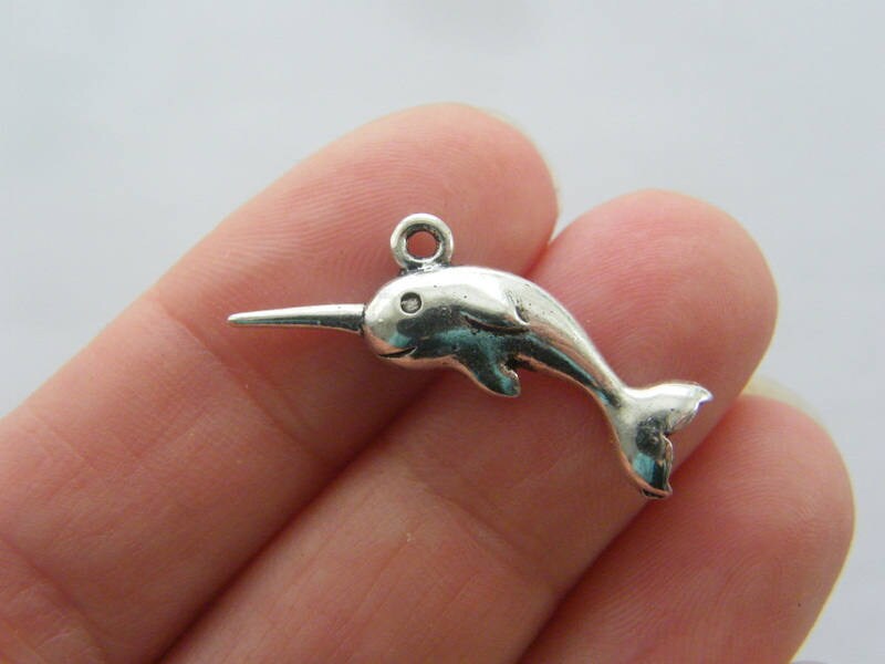 BULK 30 Narwhal whale charms antique silver tone FF410