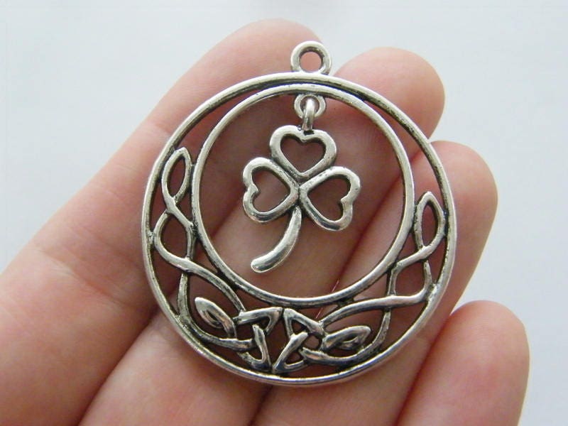 2 Celtic knot shamrock charms antique silver tone R147