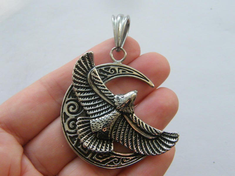 1 Eagle moon pendant antique silver tone stainless steel B242