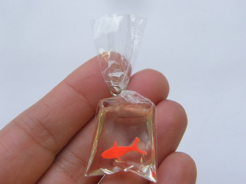 2 Fish in a bag goldfish charms clear and orange resin FF472