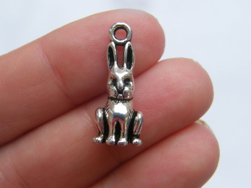 12 Rabbit bunny hare charms antique silver tone A962