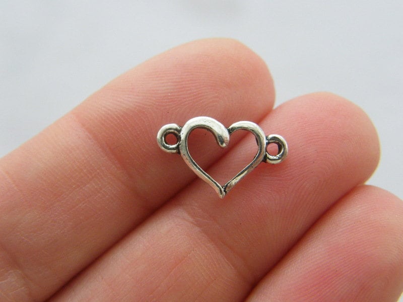 14 Heart connector charms antique silver tone H206