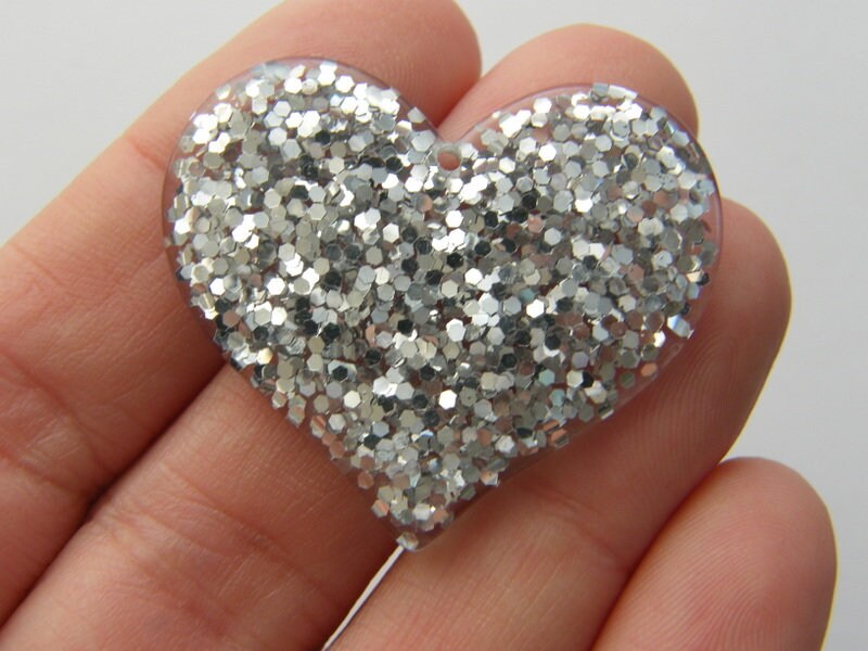 BULK 20 Heart glittery silver resin pendants H212