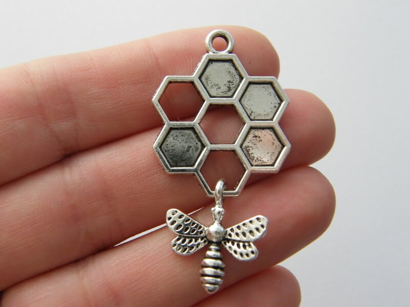 2 Bee and honeycomb charms antique silver tone A985