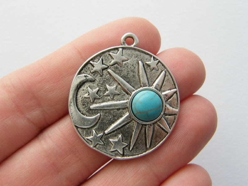 2 Sun moon stars blue pendant antique silver tone S210