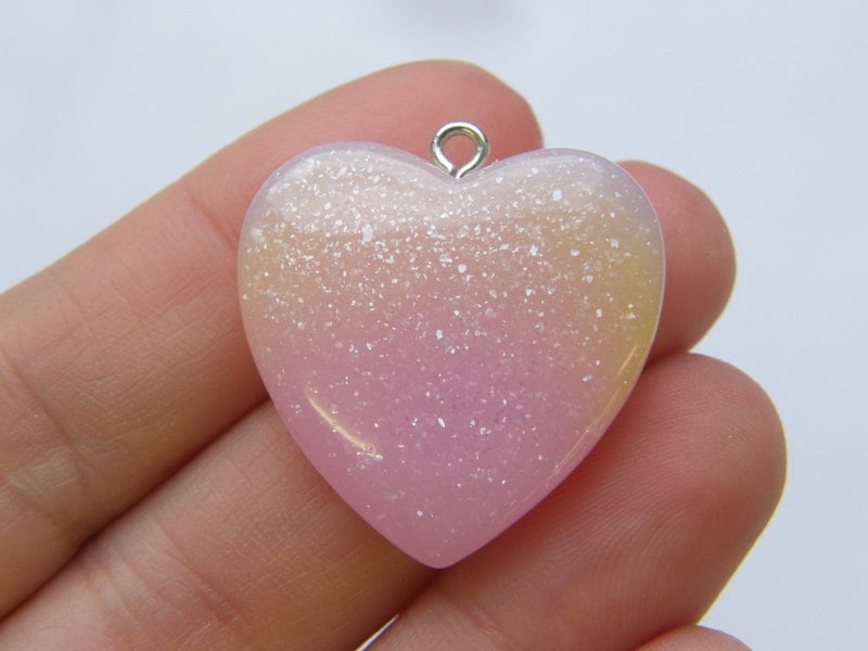 2  Heart glittery purple yellow pink resin pendants H208