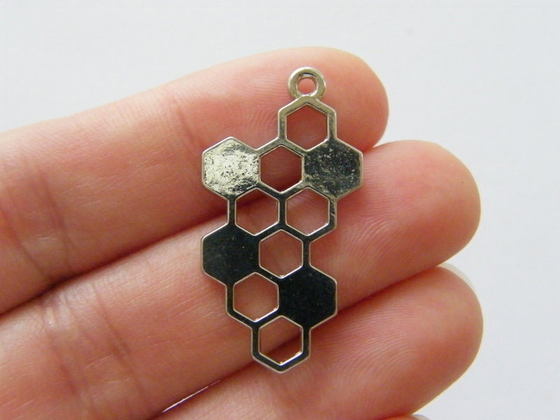 6 Honeycomb bee hive charms silver tone A983