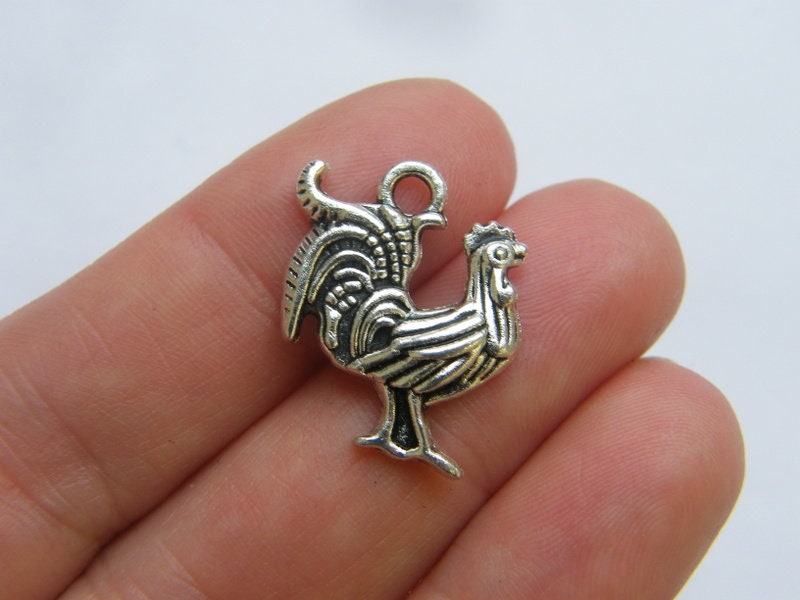 6 Rooster charms antique silver tone B216