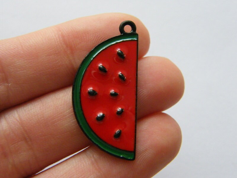4 Watermelon charms red green and black tone FD362
